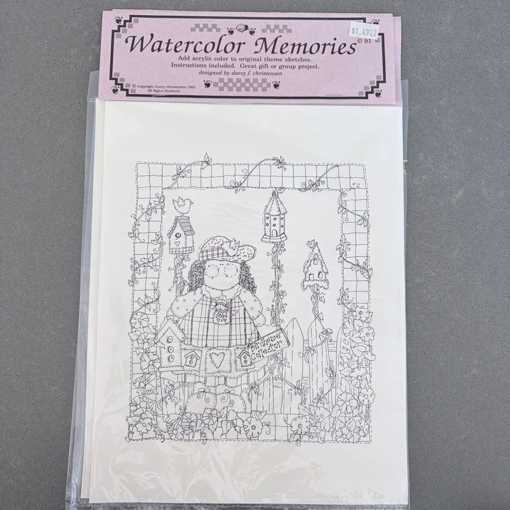 Vintage 1991 Watercolor Memories Birdhouse Collector Sketches Darcy Christensen